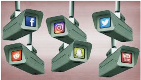 Security cameras with popular social media platforms on their screens by: Electronic Frontier Foundation