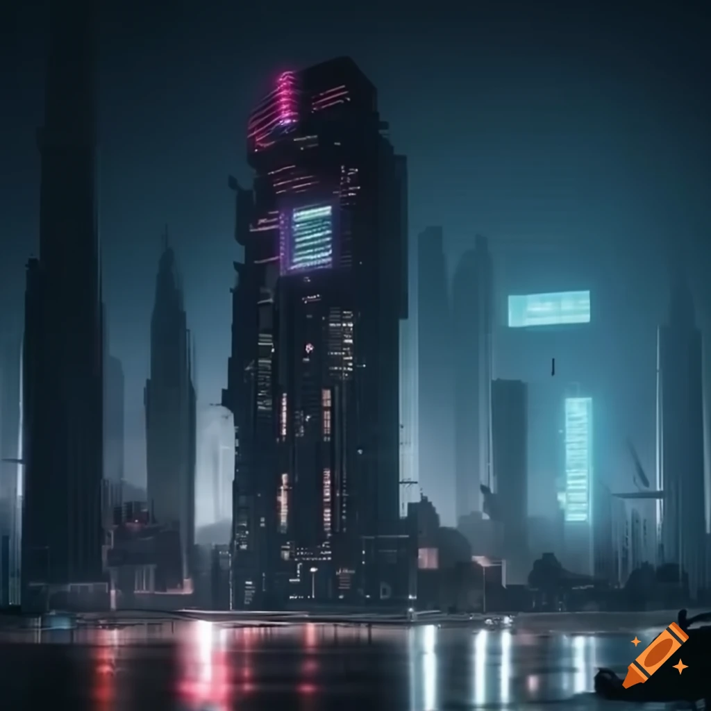 Hyper realistic cyberpunk skyscraper in the rain on Craiyon